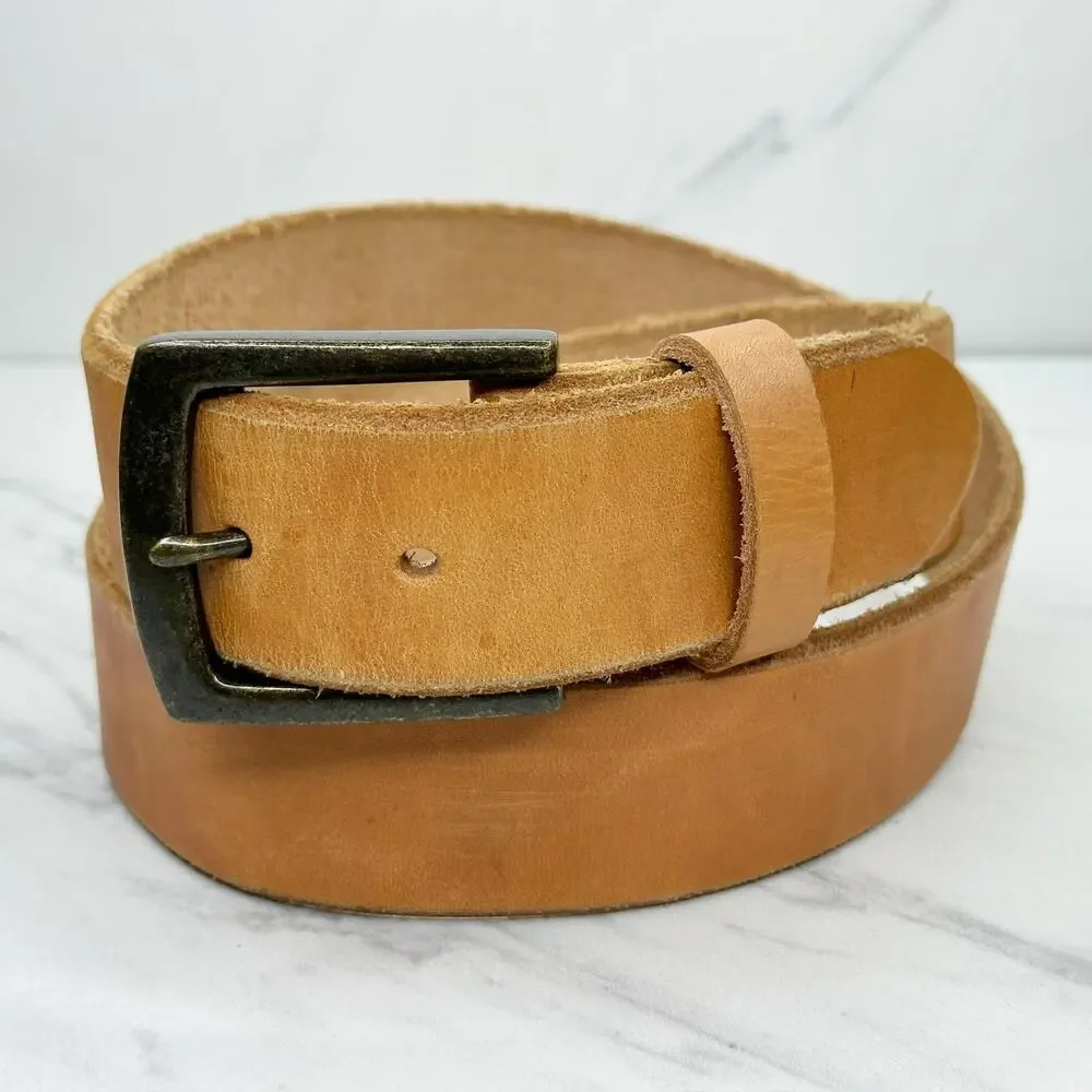 Brown Genuine Leather Belt Bronze Buckle Mens Size 36 ✨